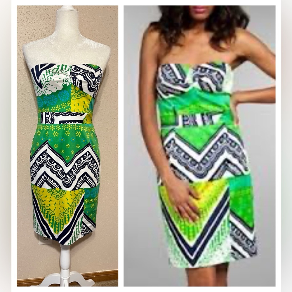 Sz 4 Trina Turk Green & Blue Strapless Sheath Mini Dress Mixed Pattern